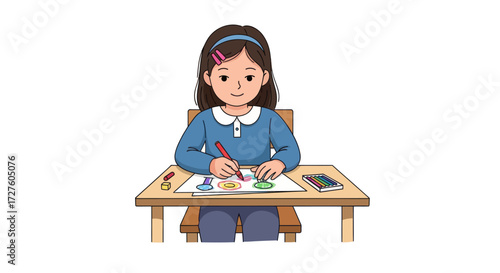 Young girl drawing at desk with art supplies focused on creative activity.