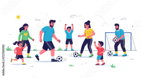 Joyful Adults and Children Playing Soccer Outdoors with Ball and Goal Vector Illustration.