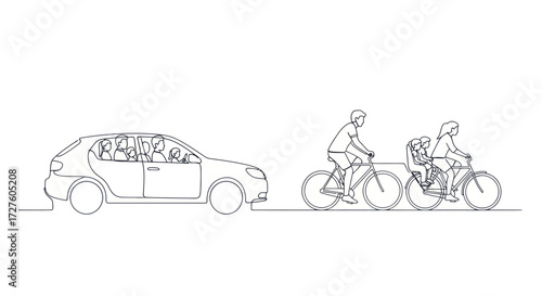 Continuous line art of a crowded car and a family cycling with a child on bicycles.