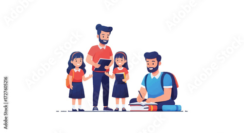 Father helping daughters with homework seated and standing wearing casual clothes.