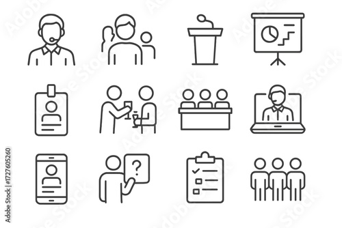 Coffee discussion vector business conference icons seminar mic wireless pass grid audience