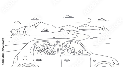 Family road trip illustration with car mountains and waving passengers.