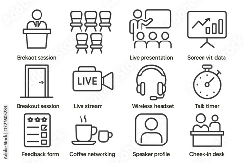 Folding coffee seminar icon chair feedback screen grid talk vector icons speaker