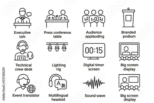 Vector talk press branded rig screen conference collection multilingual timer icon