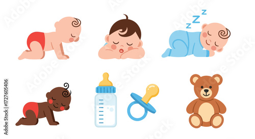 Adorable Cartoon Babies and Baby Accessories Collection.