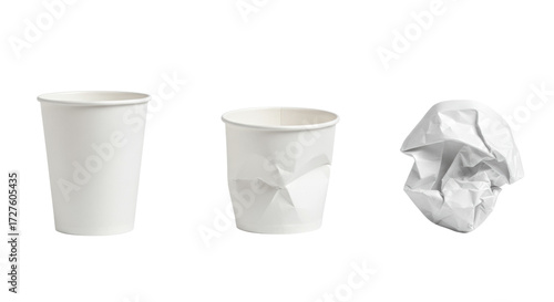 Three white disposable paper cups in sequence: pristine, used, and crumpled, isolated on a transparent background with copy space. Concept of waste and environmental impact