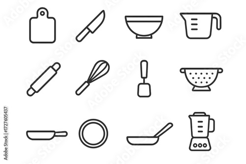 Colander board bowl spatula pin grid pan chef whisk tools icon kitchen