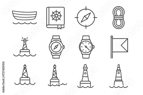 Needle icons sea icon lifeboat marine compass log adventure coil rope vector