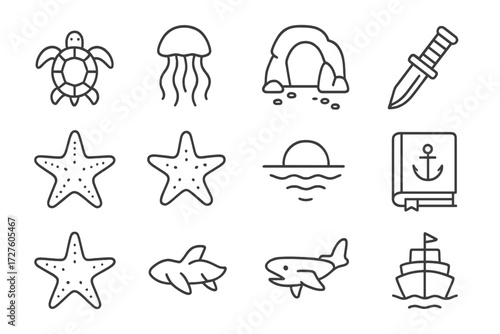 Caventrance adventure sea star logbook vector icons jellyfish turtle icon marine sun