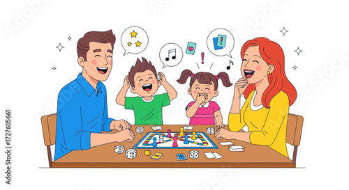 Happy Family Cartoon Playing Board Game Together Laughing Joyfully.