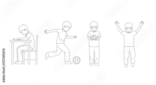 Outlined Illustrations of Boys in Various Activities and Poses.