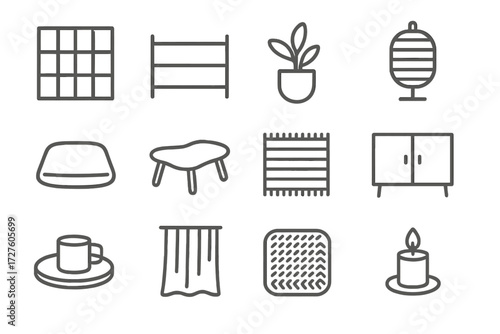 Cupboard japandi mug paper linen plant icons vector lamp icon tray collection
