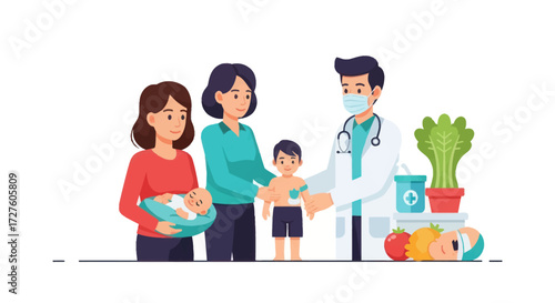 Pediatrician Examining a Child with Parents Present in Office.
