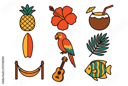 Tropical paradise icons featuring pineapple hibiscus parrot surfboard guitar and more