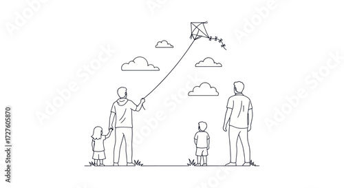 Family Flying a Kite on a Sunny Day.