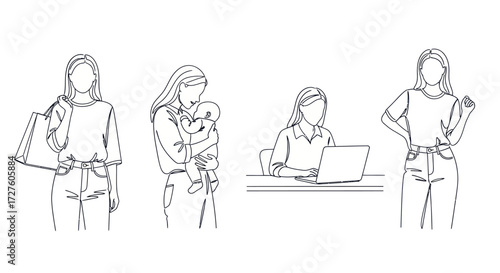 Line Art Illustrations of Women in Various Everyday Activities.