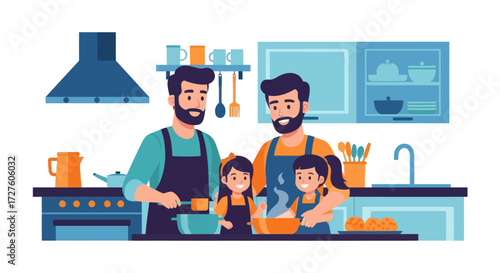 Happy Gay Couple Baking with Their Two Daughters in Kitchen.