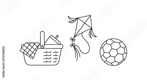 Outlined Picnic Basket Kite and Soccer Ball Illustration.