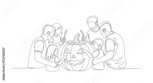 Family Carving a Jack-o-Lantern Together for Halloween Celebration.