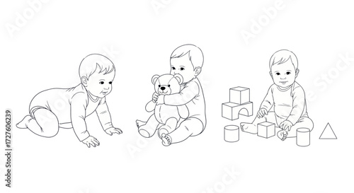 Line Art Illustration of Three Adorable Babies Playing.