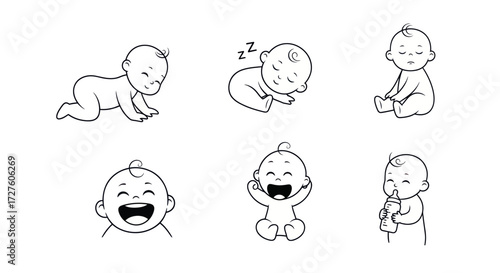 Collection of Adorable Baby Illustrations in Various Poses Expressing Different Emotions.
