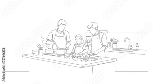 Family Cooking Together in Kitchen Line Art Illustration.