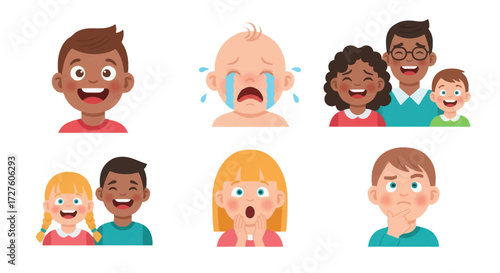 Diverse Cartoon Children and Adults Expressing Various Emotions.