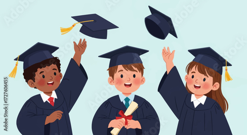 Diverse group of happy students celebrating graduation by tossing caps in the air.