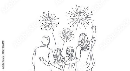 A family of four watching fireworks together a simple black and white line art illustration.