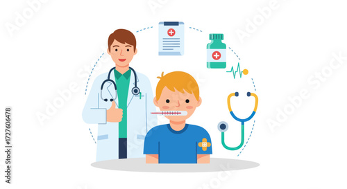 Doctor Examining Ill Child with Thermometer.