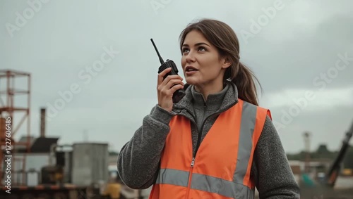 a female engineer talking on the radio