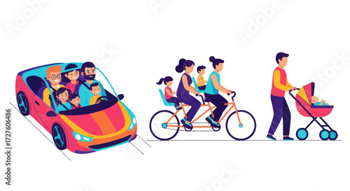 Family Transportation Methods: Car Tandem Bike and Stroller.