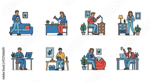 Diverse individuals engaged in various indoor activities and hobbies.