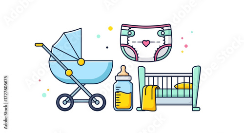 Baby Essentials: Stroller Diaper Crib and Bottle.