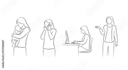 Line Art Depiction of a Woman in Various Life Stages and Activities.
