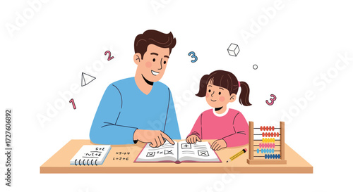 Father teaching his daughter mathematics using a book and abacus at a wooden desk.