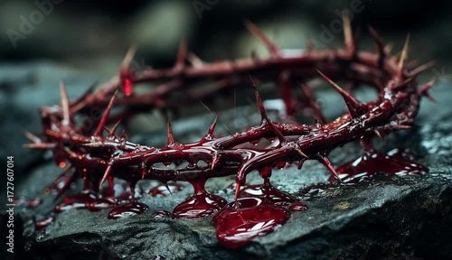 Crown of thorns with drops of thick red liquid on a stone surface, symbolizing Good Friday and the Christian story of the resurrection.