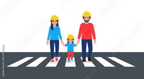 Family Crossing a Pedestrian Crossing Safely.