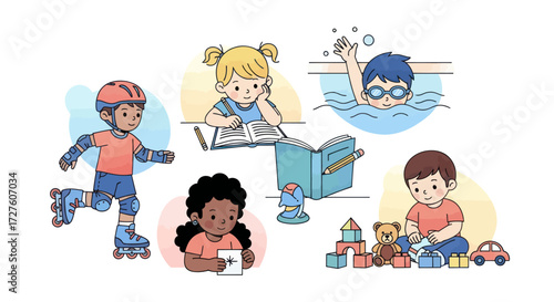 Diverse children engaged in various childhood activities and learning pursuits.
