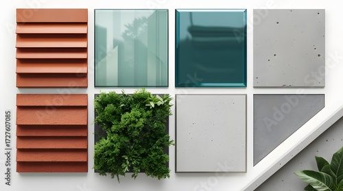 Flat Lay Material Sample Grid for Modern Architecture Presentation

