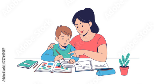 Mother and son engaged in learning and homework together at a table.
