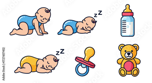 Adorable Baby Illustrations: Crawling Sleeping and Baby Essentials.