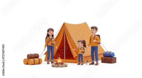 Family camping trip with tent campfire and camping gear.