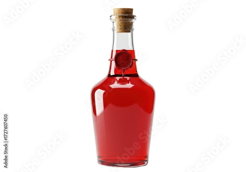 Red potion in a glass bottle with cork and wax seal isolated, magical elixir for fantasy games