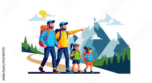 Family hiking adventure with backpacks in a mountainous landscape.