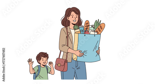 Woman and child with grocery bag filled with food items.