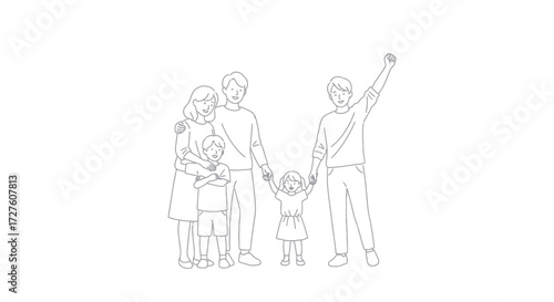 Happy Family of Five Line Art Illustration.