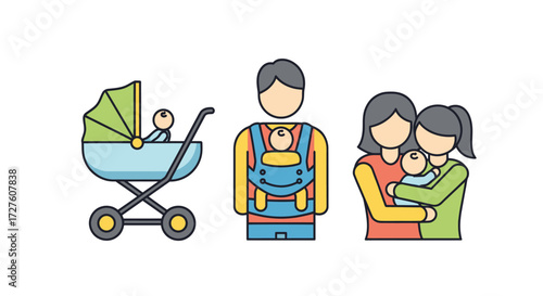 Vector Illustrations of Parents and Babies with Stroller and Carriers.