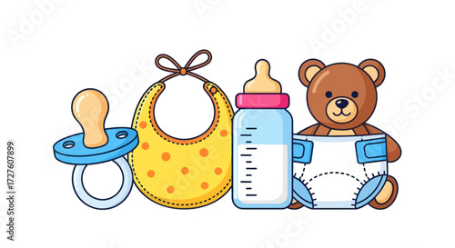 Cute Cartoon Baby Accessories Set with Pacifier Bib Bottle and Teddy Bear in Diaper.