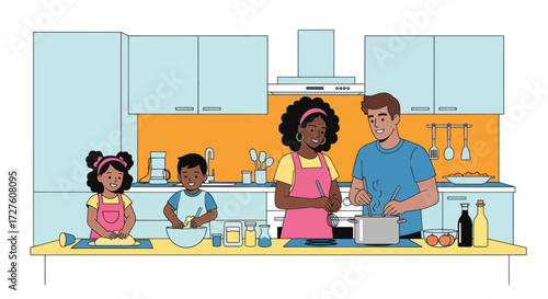 Family Cooking Together in a Bright Modern Kitchen.